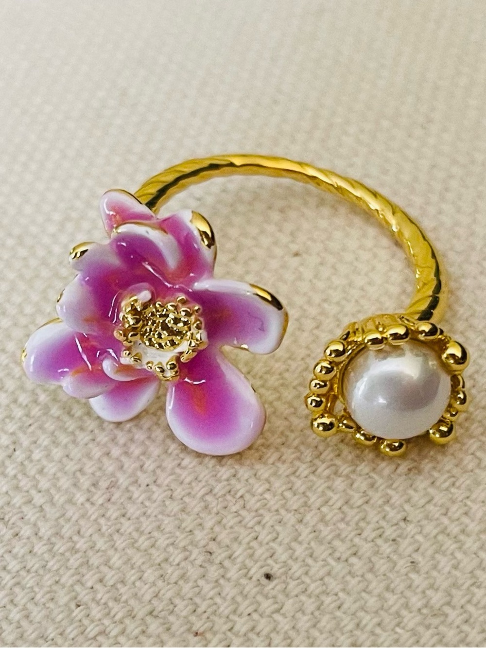 Le Meno- Gold Ring with Aqua Enamel Flower and Pearl Accent